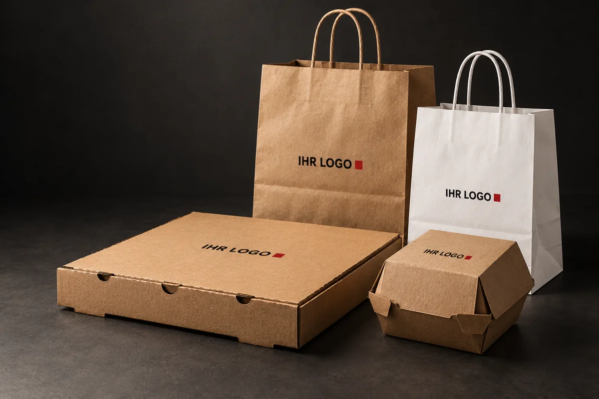 Kraftpapiertragetaschen, Pizzakartons und Burgerboxen mit beispielhaftem Logodruck