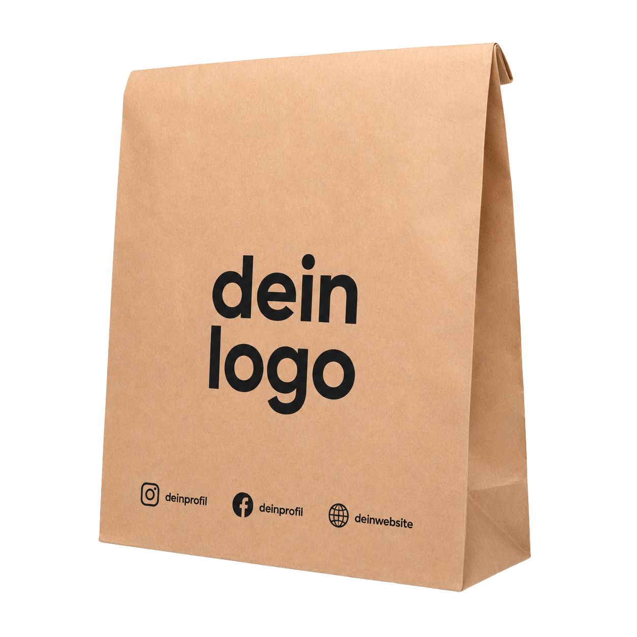Individuelle Lebensmittelverpackungen für Profis Braune Kraftpapier-Tragetasche in Frontalansicht von schrag rechts mit individuellem Logo